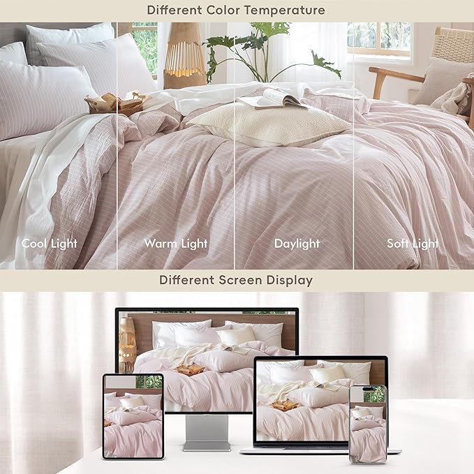 MooMee Striped Duvet Cover Set 100% Washed Cotton Linen Like Textured Breathable Durable Soft Comfy (Heathered Greyish Pink White Wide Stripes, King 104"x90")