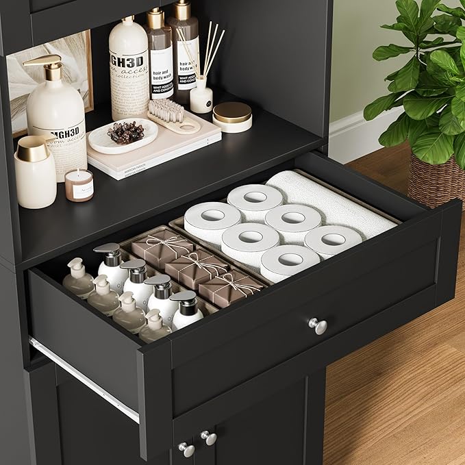 HIFIT Tall Bathroom Storage Cabinets, Modern Linen Storage Cabinet with 4 Doors & Shelves & Drawer, 67" H Tall Storage Cabinet Freestanding for Bathroom, Living Room, Kitchen & Dining, Pantry, Black | Modern, 4 Doors, Shelves, Drawer, Tall Storage Cabi...