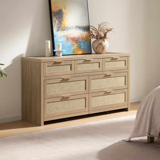 SICOTAS 7 Drawer Dresser for Bedroom, 57" Wide Rattan Dressers, Large Chest of Drawers for Bedroom, Dresser TV Stand, Boho Closet Organizer (Reclaimed Light Oak, 7 Drawers (1 pc))