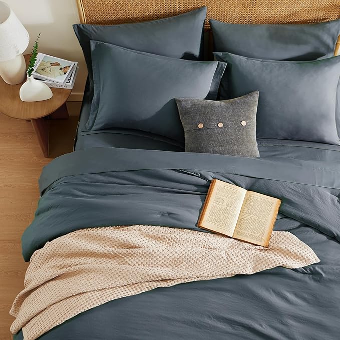 WRENSONGE Queen Comforter Set - 7 Pieces Blue Grey Bed in a Bag Queen with Sheets, 2 Pillow Shams, and 2 Pillowcases- Warm Bedding Sets Queen for All Season