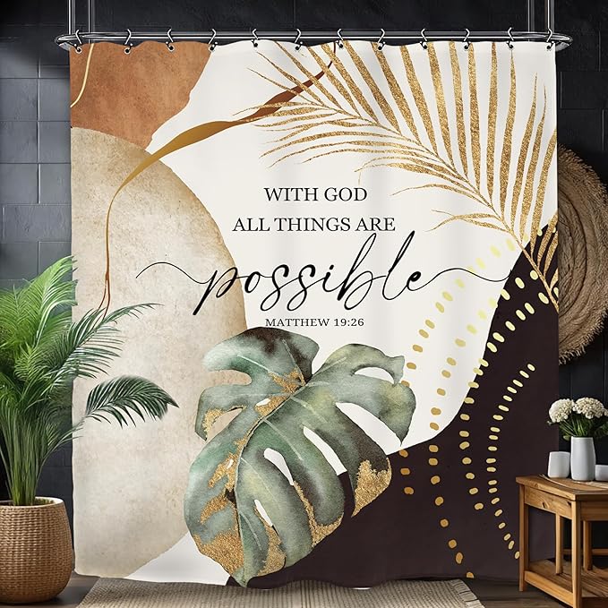 Yookeb Abstract Mid Century Bathroom Shower Curtain 60W by 71H Inch Bible Quotes Minimalist Aesthetic Modern Vintage Polyester Fabric 12 Plastic Hooks Waterproof Decor