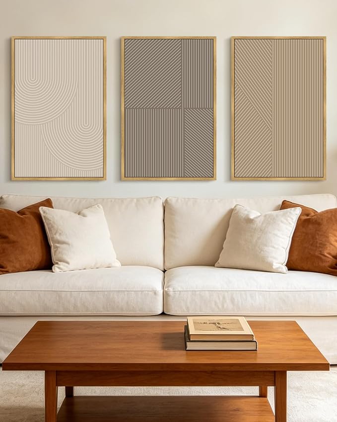 KUVIOKE Minimalist Abstract Bohemian Framed Wall Art Modern Boho Neutral Line Wall Decor Geometric Artwork Bedroom Dining Room 16x24in (Natural Framed)