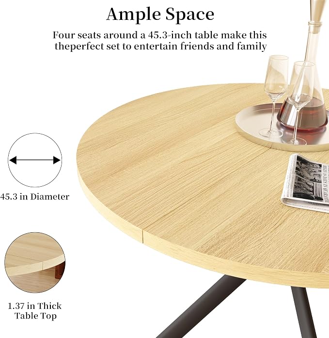 HIPIHOM 45.3 Inch Modern Round Dining Table for 4, Space-Saving Dinette with Carbon Steel Legs for Home Kitchen Apartment(Cream Table)