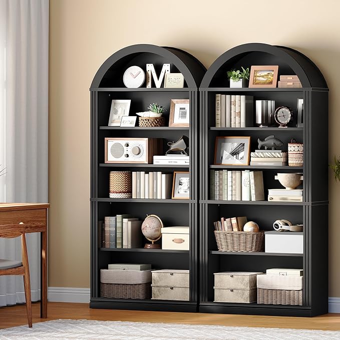 RALGEND Arched Bookshelf Set of 2, 75.8" Tall Arch Bookcase with Storage, 6-Tier Farmhouse Book Shelf, Arched Cabinet, Wooden Bookshelf with Open Display Shelves, Adjustable Shelf, Office, Black