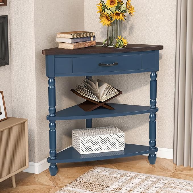 33.86" Corner Table, Wood 3 Tier Triangle Side Table Corner Shelf Stand with Solid Wood Legs 1 Drawer & 2 Storage Shelves for Living Room Small Space (Navy Blue)