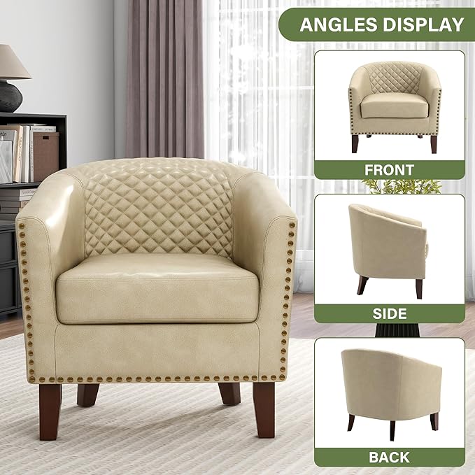 UIXE Faux Leather Barrel Accent Chairs Set of 4, Modern Club Upholstered Arm Chair, Comfy Armchair Nailed Trim Living Room Single Sofa Reading Seat Bedroom Side Sitting for Office, Beige