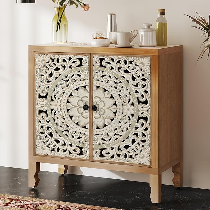Buffet Cabinet with Storage, Accent Cabinet with 2 Carved Doors, Solid Wood Sideboard with Adjustable Shelf, Vintage Cabinets for Kitchen, Living Room, Entryway, White