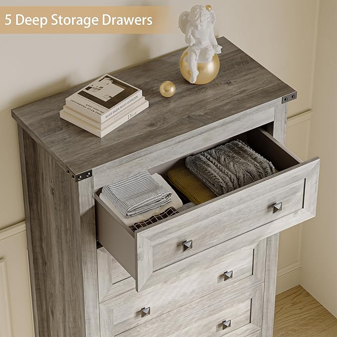 Grey Dresser Tall 5 Drawer Dresser for Bedroom, Wooden Dressers & Chests of Drawers with Metal Handles, Modern Storage Cabinet and Organizer Drawers for Living Room, Hallway, Gray