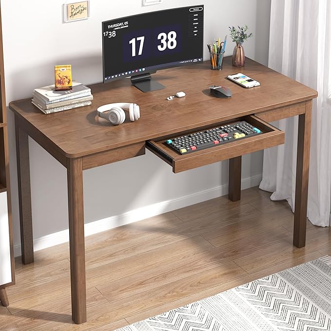 Solid Wood Desk with Keyboard Tray - 48 Inch Mid Century Modern Writing Desk, Computer Desks with Keyboard Tray, Simple Study Table Home Office Desks for Bedroom|Small Spaces-Walnut Color