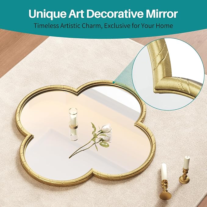 Vintage Wall Mirror Decor - 31.5" Large Antique Gold Four-Leaf Clover Mirror with Rope-Like Frame, Wall Decorative Mirrors for Living Room, Bedroom, Fireplace, Bathroom