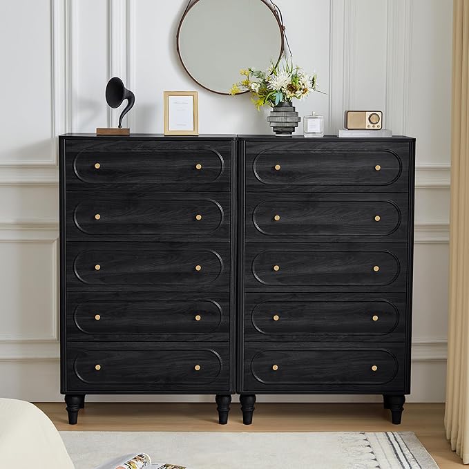 ORRD Fluted 5 Drawer Dresser for Bedroom, Mid Century Modern Chest of Drawers, Wood Storage Large Dresser Organizer for Bedroom Living Room Hallway Closet, Black