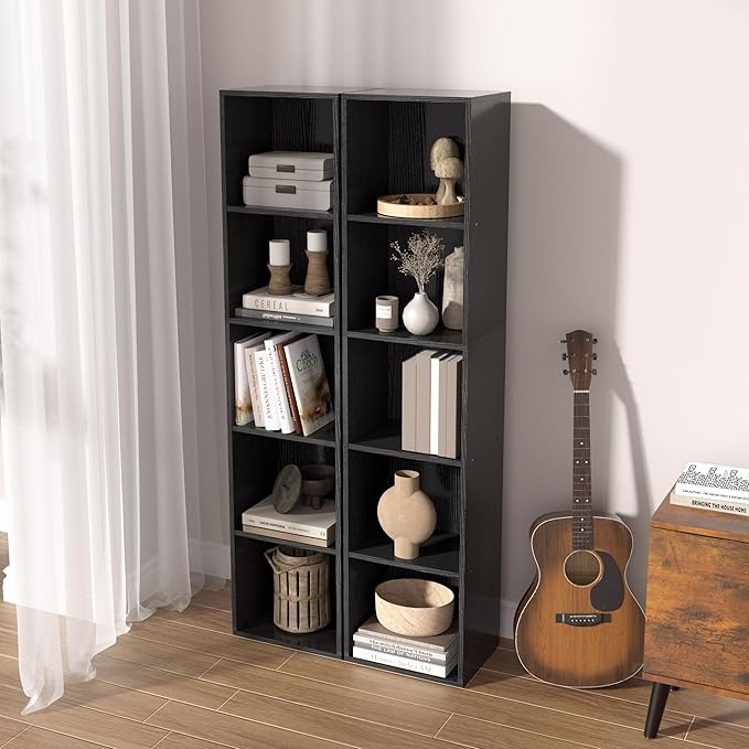 5-Tier Wooden Cube Storage Organizer, 52 Inch Tall Bookcase & Display Shelf with 5 Open Cubes, Freestanding DIY Closet Shelving Unit for Living Room Bedroom Office (Black, 5 Cube-W(11.8inch)