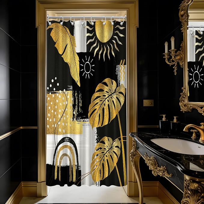Small Stall Narrow Black and Gold Shower Curtain Boho Stand Up Abstract Dark Mens Shower Curtains for Rv Camper Bathroom Decor Sets, Waterproof Cloth Fabric with Hooks, 48 x 72 Inch