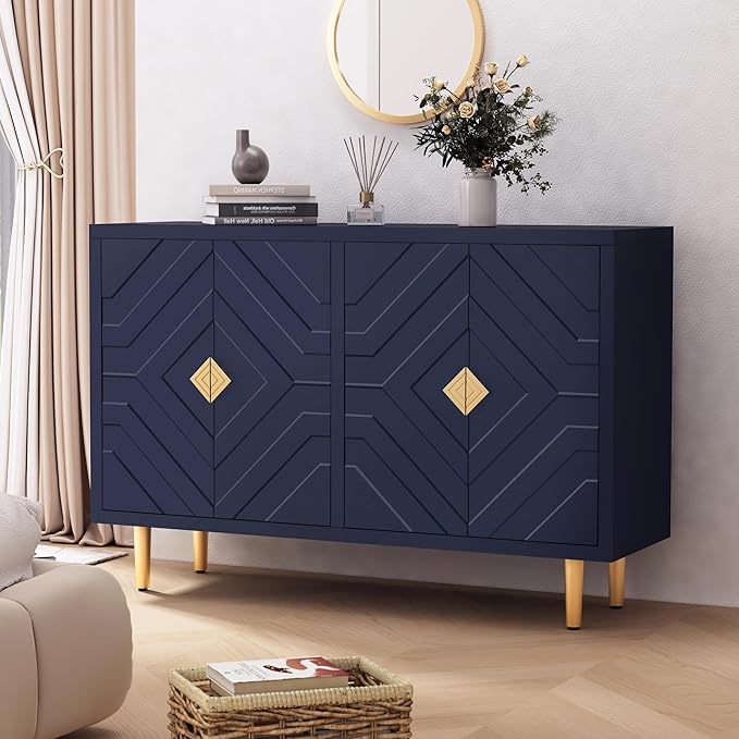HLR 48" Accent Cabinet with 4 Doors and Shelves, Modern Sideboard Buffet Cabinet with Decorative Embossed Pattern Doors, Credenza Storage Cabinet for Living Room, Kitchen, Dining Room, Hallway