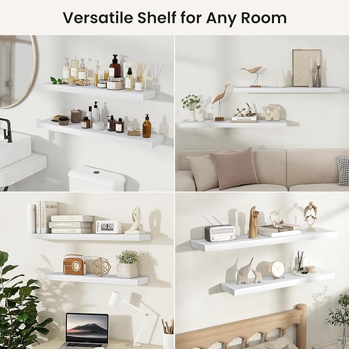 Fun Memories Rustic Floating Wall Shelves, Wall Mounted Wood Storage & Display Shelves for Bathroom, Bedroom, Living Room or Kitchen, (Set of 2, White, 66 in)