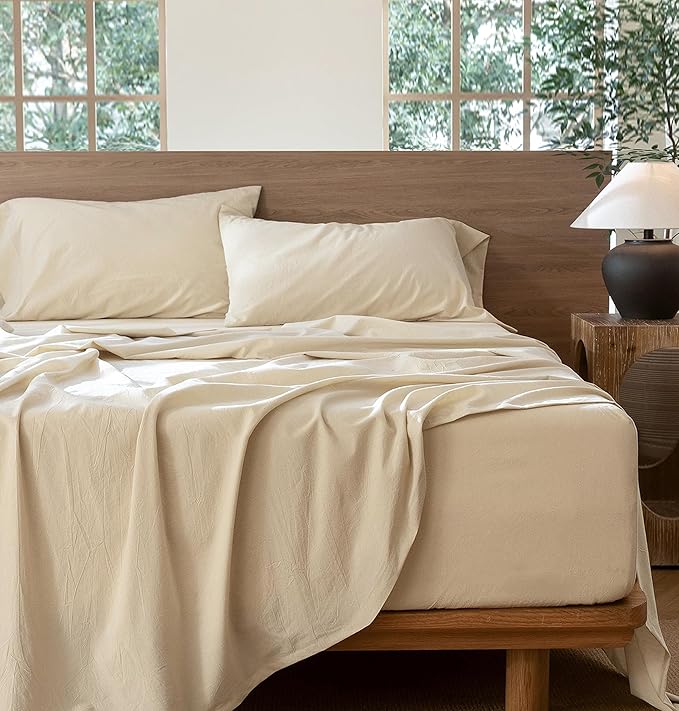 MooMee Bedding Sheet Set 100% Washed Cotton Linen Like Textured Breathable Durable Soft Comfy (Heathered Almond Milk Grey, Queen)