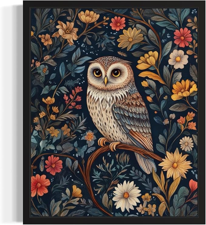 Owl Art Print Poster, William Morris Style Retro Mid Century Botanical Victorian Dark Academia Gothic Decor Gallery 10b (Owl, 11 x 14 inches, Black Frame)
