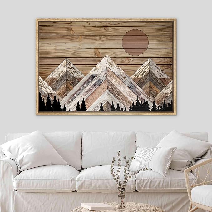 SIGNWIN Framed Canvas Print Wall Art Western Decor Mountain Range Forest Landscape Nature Wilderness Modern Art Decorative Nordic Rustic Wood Panel for Living Room, Bedroom, Office - 16"x24" Natural