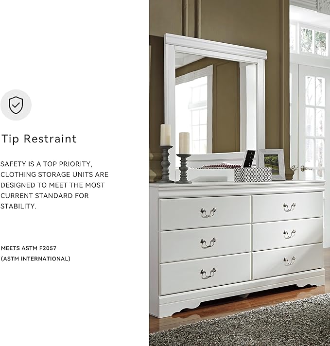 Signature Design by Ashley Anarasia Traditional Smooth-Gliding 6-Drawer Dresser and Mirror with Safety Stop, White
