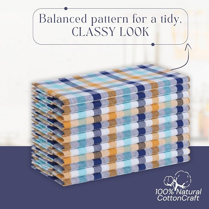 Check Dish Towels 12 Pack, 18"x26", Absorbent Hand Towels for Kitchen Use, Quick Dry Cloths, Durable Washable Rags, Reusable Dishcloth Set - Indigo Blue, Mustard Yellow, Aqua Blue