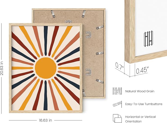 HAUS AND HUES Centered Sun Boho Poster - Mid Century Modern Print, Boho Picture for Wall, Yellow Sun Rainbow Rays (Framed Beige 16x20)