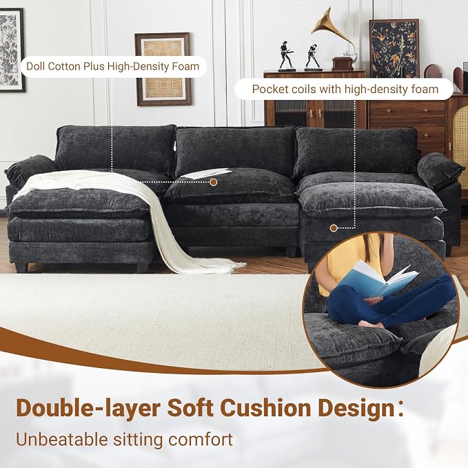 VINGLI 122" Cloud Double-Layer Deep Convertible Sectional Sofa, Comfy L-Shape 3-Seat Couches for Living Room, Modern Couch with Two Movable Ottoman for Small Space, Chenille Black