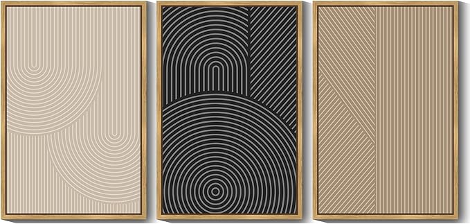 Drsoum Mid-Century Modern Framed Wall Art Large 24x36in Minimalist Abstract Boho Neutral Line Wall Decor Geometric Artwork Kitchen Dining Room Natural Framed