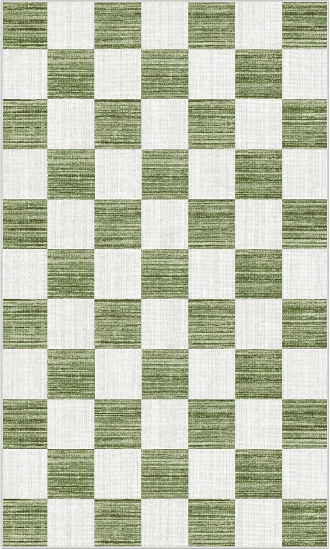 Green White Checkered Entry Rug - 3x5 Ft Non-Slip Washable Indoor Outdoor Front Door Mat Outside Entrance Porch Rug Geometric Rugs for Living Room Bedroom Entryway Kitchen Office Porch Decor