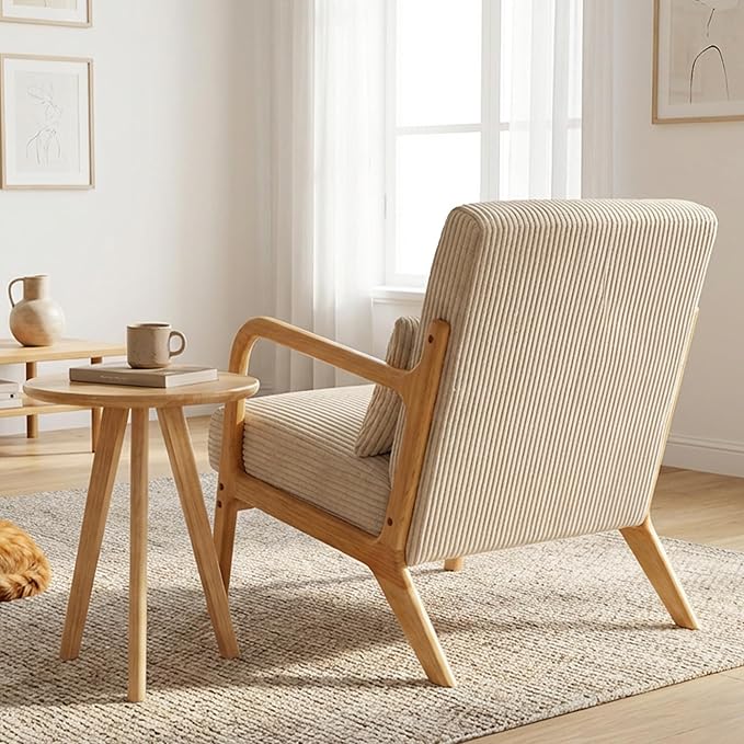 Accent Chairs with Side Table, Mid Century Modern Chair with Pillow, Arm Chair with Solid Wood, Reading Relaxing Leisure Chair for Living Room, Waiting Room, Beige