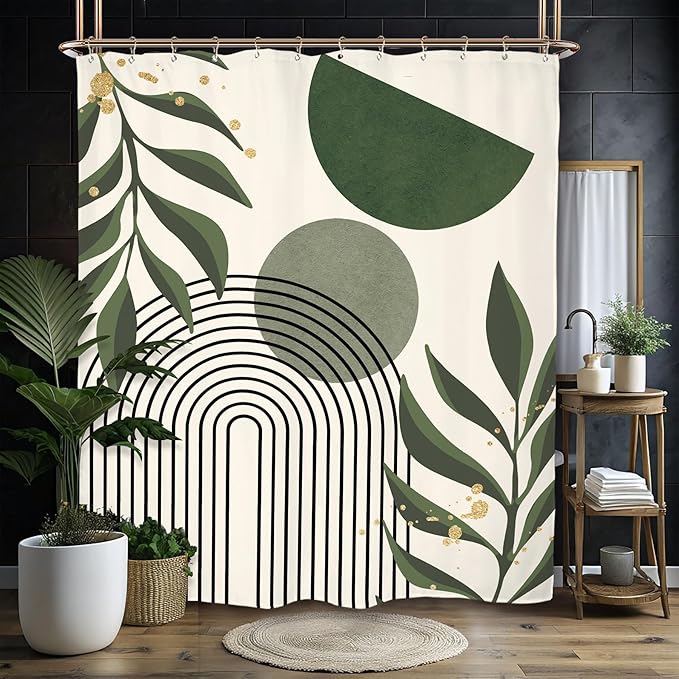 Miyotaa Abstract Sage Green Minimalist Shower Curtain Set 60Wx71H Inches Geometric Aesthetic Modern Mid Century Neutral Contemporary Plant Leaves Waterproof Bathroom Curtain with 12 Hooks