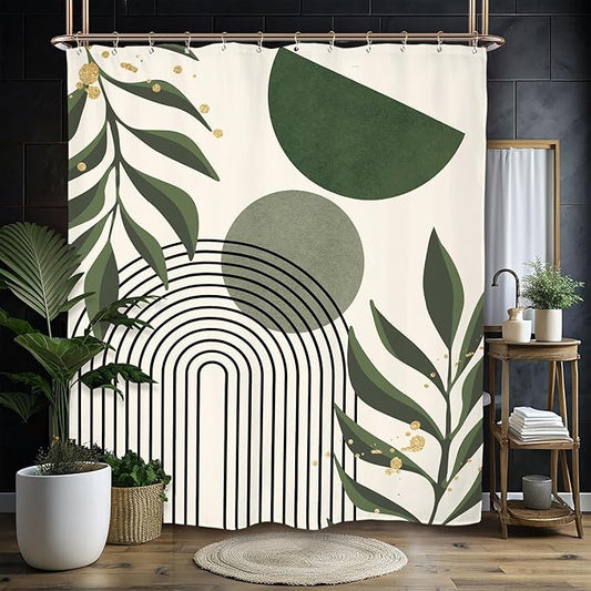Miyotaa Abstract Sage Green Minimalist Shower Curtain Set 60Wx71H Inches Geometric Aesthetic Modern Mid Century Neutral Contemporary Plant Leaves Waterproof Bathroom Curtain with 12 Hooks
