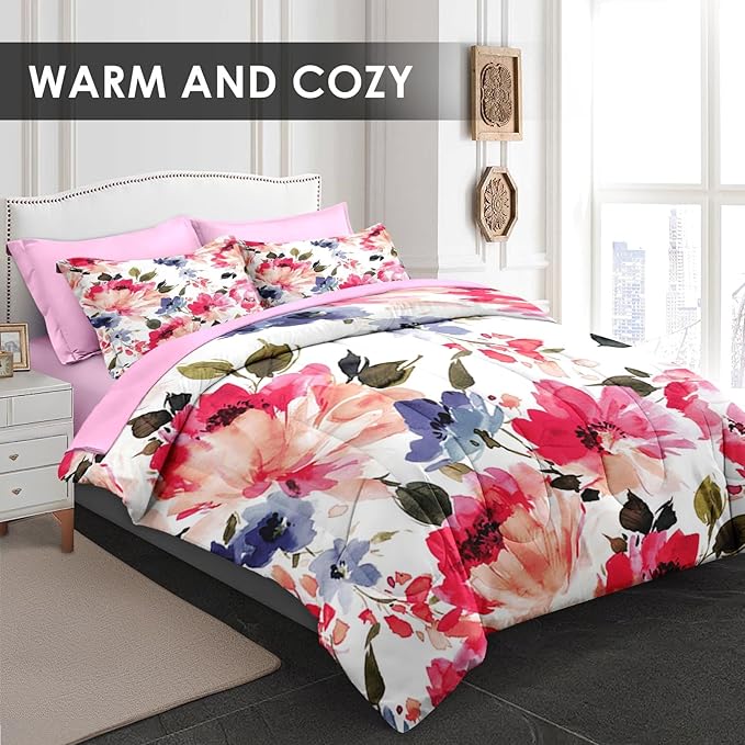 Pamnest Comforter Set Full Size, Flower Floral Leaf 7 Pcs Bedding for Kids and Adults, Painting Summer Spring Bed Sheet Sets with Fitted Sheet 2 Pillowcases & 2 Shams for Bedroom Bed Decor