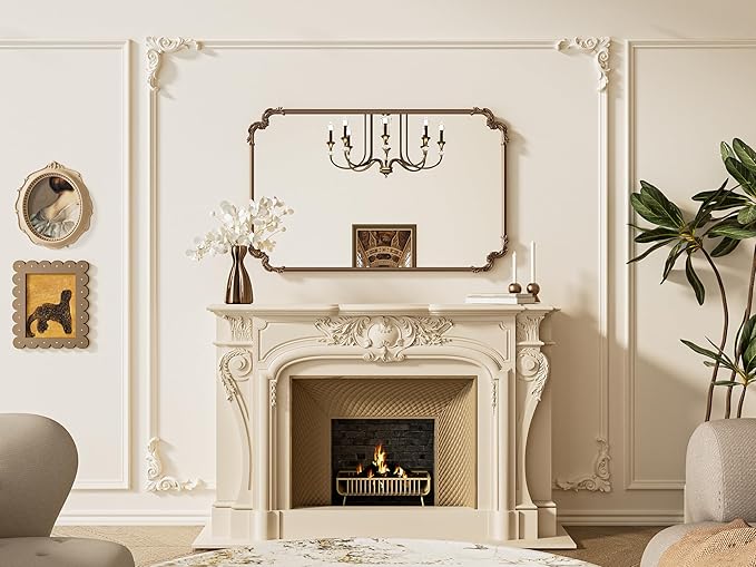 TETOTE Baroque Gold Antique Brass Scroll Wall Mirror 48 x 30 Vintage Rectangle Framed Baroque French Rectangular Mirror for Mantle Fireplace Bathroom Living Room, Horizontal/Vertical