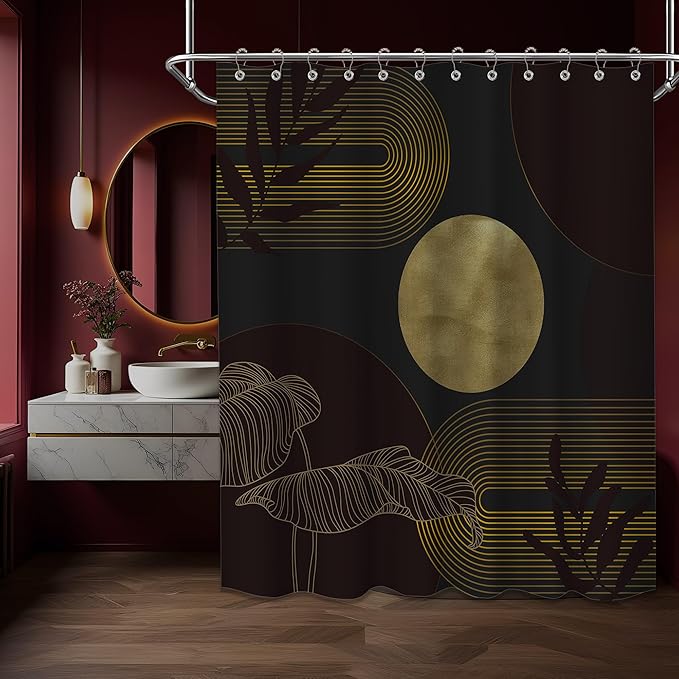 Black Dark Red and Gold Shower Curtain Burgundy Modern Shower Curtains for Bathroom Decor Boho Mid Century Bath Curtain Set, Waterproof Fabric with Hooks 70 x 72 Inch