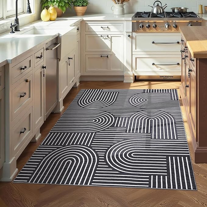 Washable Rug 3x5 Area Rugs for Living Room, Abstract Rug for Bedroom, Soft Rainbow Non Slip Throw Rugs with Rubber Back, Low Pile Stain Resistant Boho Geometric Carpet for Dining Room, Black