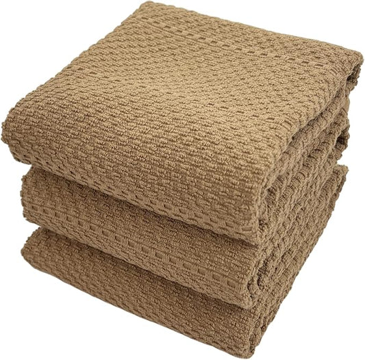 Mocha Light Brown Tan Kitchen Hand Dish Towels: Oversized 28" x 18",100% Cotton Cloth Soft Cleaning Drying Absorbent Textured Design, Set of 3 Multipurpose for Everyday Use (Toasted Coconut)