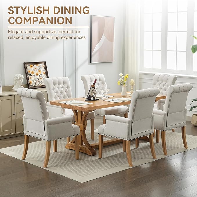 Fabric Dining Chair with Arms, Upholstered Tufted High Back Dining Room Chairs, Accent Armchair with Solid Wood Leg and Nailhead Trim, Kitchen Dining Living Room, Beige