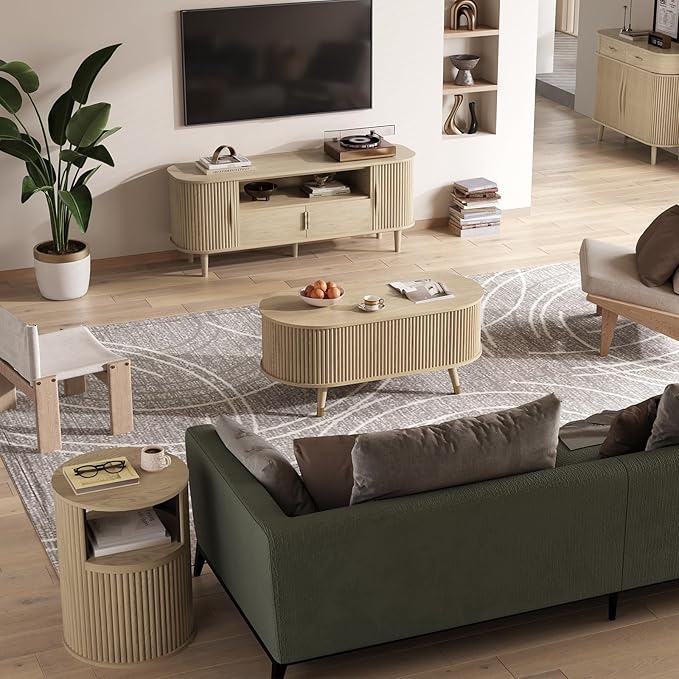 42.5" Oval Lift Top Coffee Table with Storage, Mid Century Modern Oak Center Table with Fluted Panel, Solid Wood Legs & Hidden Compartment for Living Room