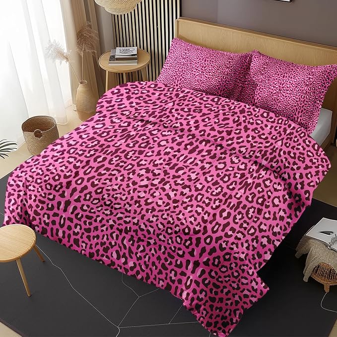 Comforter Set with 2 Pillowcases Queen Size, Pink Leopard Cheetah Print, Bed Decor Wildlife Animal Skin for Kids and Adults, Soft Cozy Bedroom Bedding Set