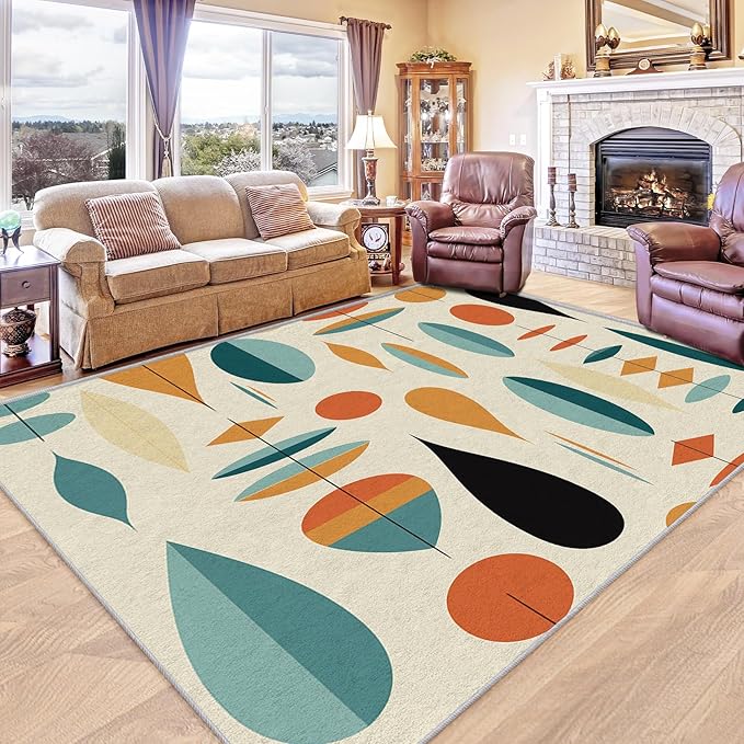 Mid Century Modern Rug 3x5, Washable Geometric Rugs for Living Room Bedroom, Retro Area Rug for Home Decor, Non Slip Backing Floor Carpet with Gripper - 3 x 5 ft