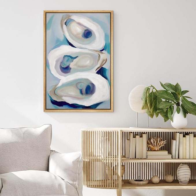 MUDECOR Framed Canvas Print Wall Art Modern Colorful Oysters Coastal Abstract Seafood Illustrations Minimalism Decorative Bohemian Colorful Zen for Living Room, Bedroom, Office - 24"x36" NATURAL