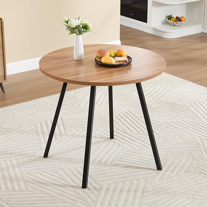 34.6" Round Dining Table for 2-4, Mid-Century Modern Walnut Kitchen Table with Woodgrain Top & Black Metal Legs, Space-Saving Table for Apartment, Breakfast Nook, Small Spaces - Walnut