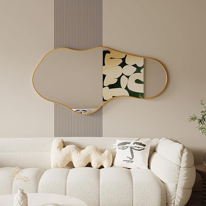 Asymmetrical Wall Mirrors -28''×55'' Irregular Decorative Aluminum Alloy Framed Mirror Artistic Cloud Mirrors Wavy Mirror for Bathroom, Bedroom, Living Room, Cloakroom（Gold）