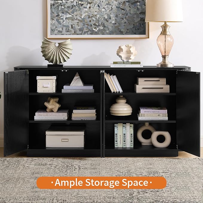 LKTART 64" Buffet Cabinet with Storage, Modern Fluted Accent Sideboard Media Console Credenza with Adjustable Shelves Pressed Spring for Kitchen Living Room,31.5" H (Black)