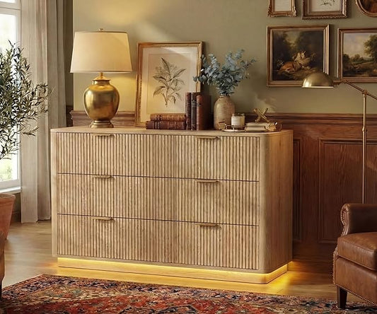 Fluted Dresser for Bedroom with 6 Drawers, 54" Wide Modern Chest of Drawers with Lighting, Wooden Dresser TV Stand with Curved Edges, Closet Organizer for Living Room, Hallway,Natural