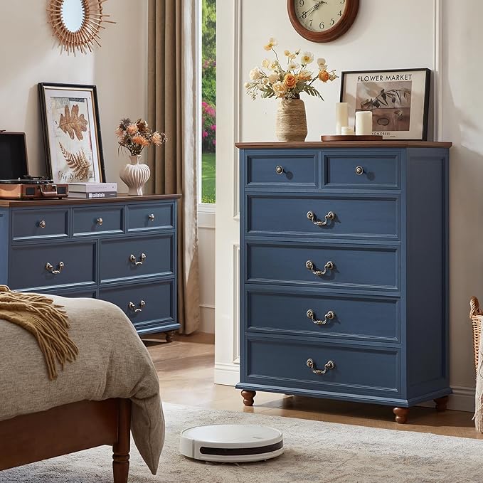 Farmhouse 6 Drawer Dresser for Bedroom, 42" Tall Rustic Chests of Drawers w/ 4 Solid Wood Feet, Mid Century Modern Wooden Closet Storage Dressers Organizer for Living Room, Hallway,Blue