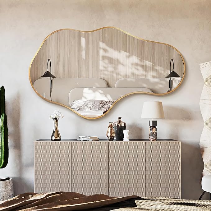 Bathroom Mirrors for Over Sink - Wall Mirrors Decorative 26"x 43" Asymmetrical Abstract Aviation Aluminum Alloy Frame Unique for Bathroom, Bedroom, Living Room, Cloakroom, Entryway Gold