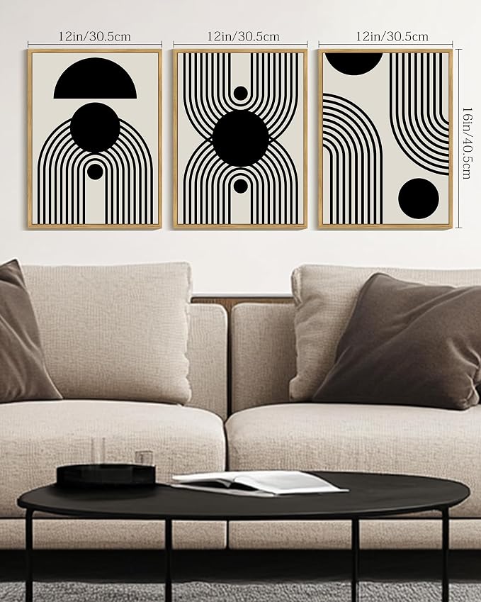 Drsoum Black Abstract Boho Wall Art Framed Modern Bohemian Wall Decor Geometry Lines Prints Ready to Hang 12x16in Natural Framed