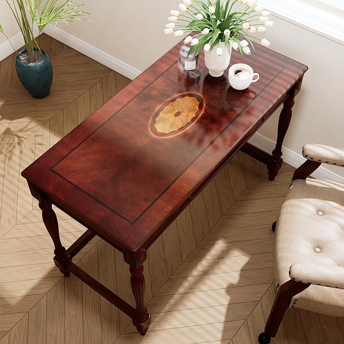 Large Computer Desk Office Table With 2 Drawers, 46" Solid Wood Study Writing Desk Workstation With Storage Space,Mid-Century Vanity Dressing Table for Home Office,Cherry Walnut BSZ1533WD-1