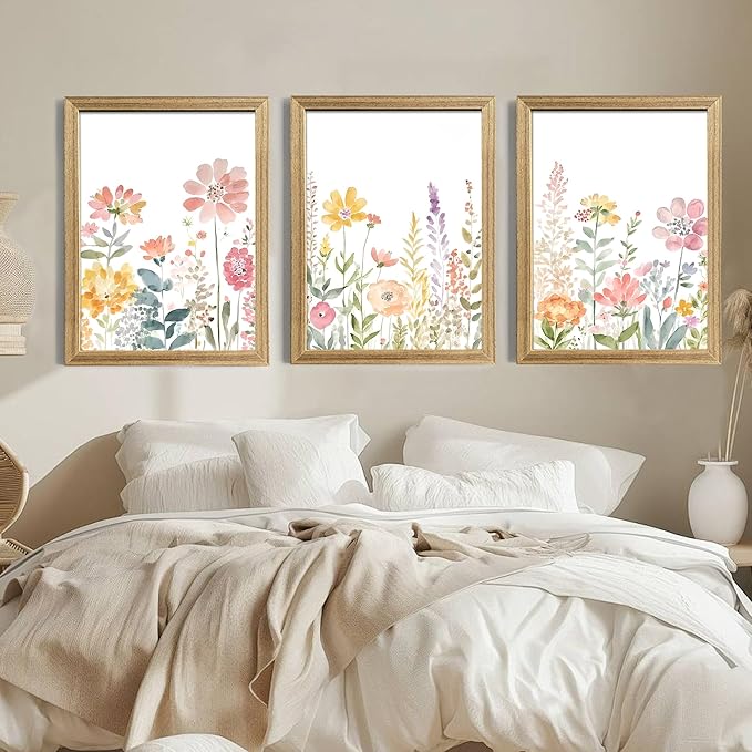 PicturePerfect Decor Watercolor Wildflower Wall Art Set of 3, 12x16Inch Framed Canvas Prints, Pastel Floral Decor for Living Room Bedroom Bathroom Office Hallway, Spring Meadow Decor, Wood Frame